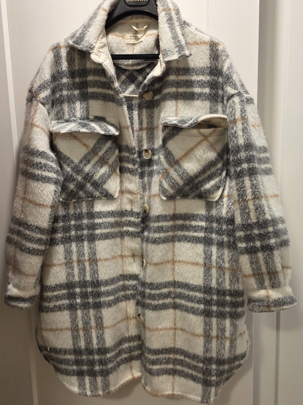 Brunette The Label Plaid Shacket Jacket in Cream and Gray - Women's Coat
